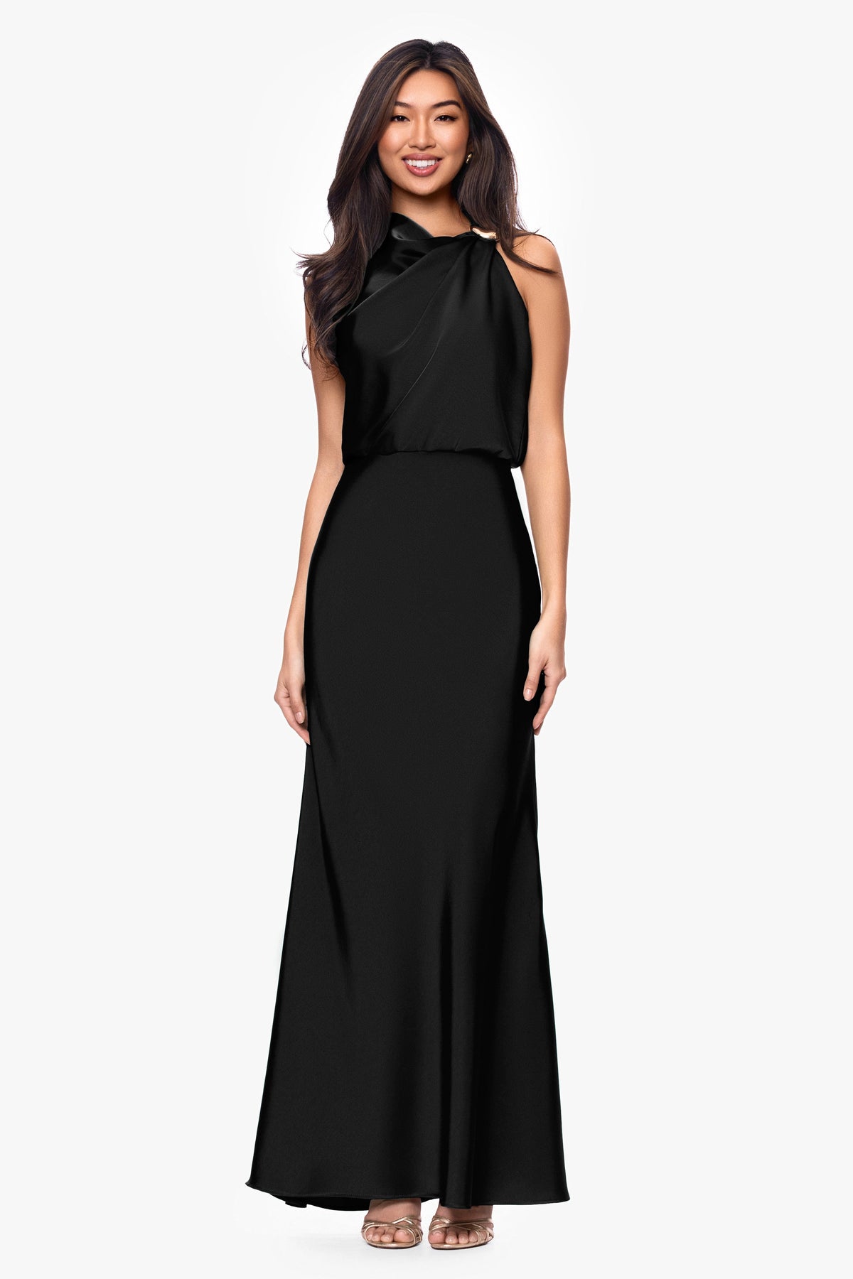 Betsy & Adam Petite "Colette" Satin Ruched Trim Dress - Black