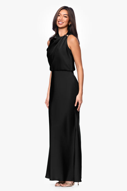 Betsy & Adam Petite "Colette" Satin Ruched Trim Dress - Black