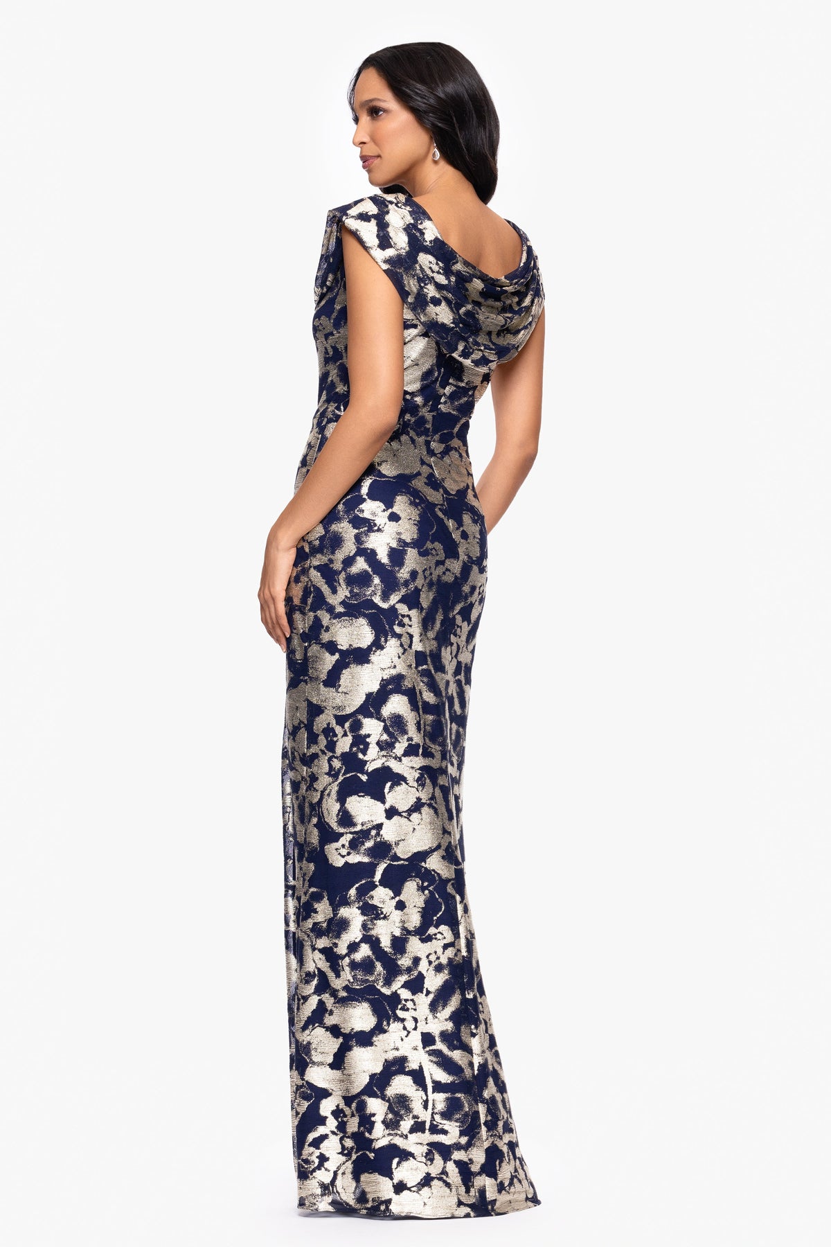 Betsy & Adam Petite "Bianca" Metallic Cowl Neck Dress - Navy/Gold
