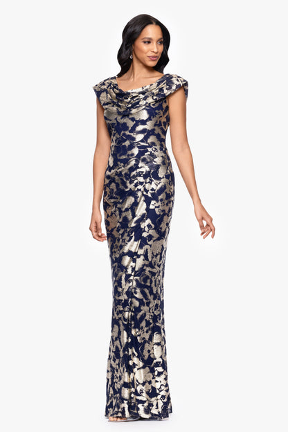 Betsy & Adam Petite "Bianca" Metallic Cowl Neck Dress - Navy/Gold
