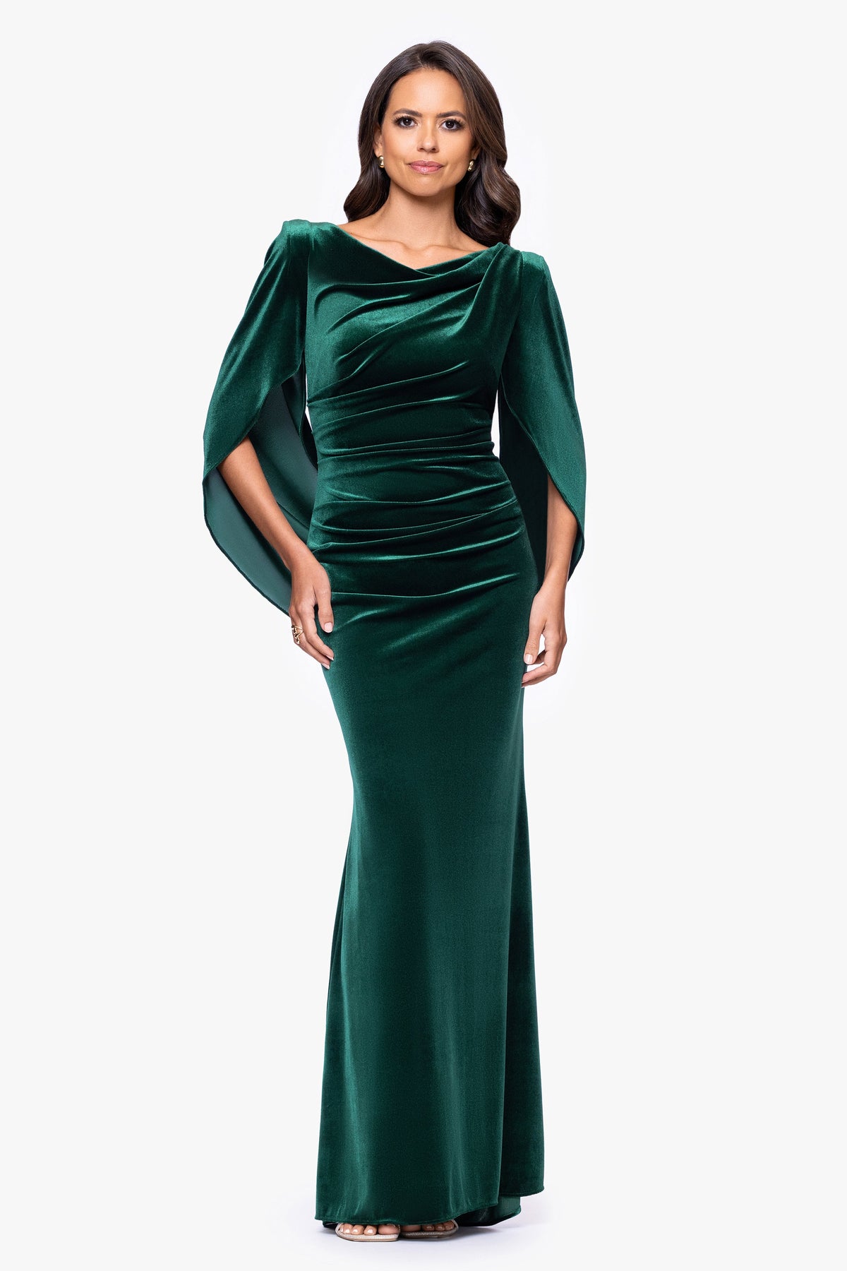 Betsy & Adam "Audrey" Velvet Draped Back Dress - Hunter
