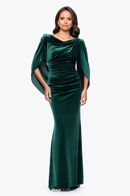 Betsy & Adam "Audrey" Velvet Draped Back Dress - Hunter