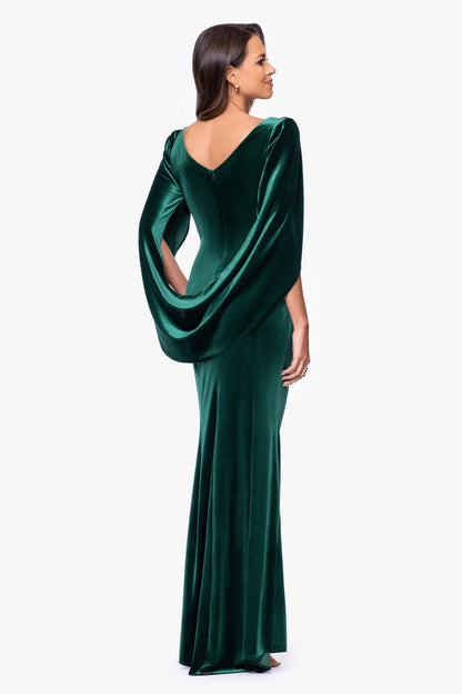 Betsy & Adam "Audrey" Velvet Draped Back Dress - Hunter