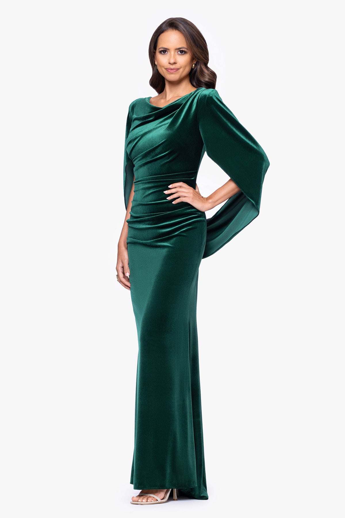 Betsy & Adam "Audrey" Velvet Draped Back Dress - Hunter