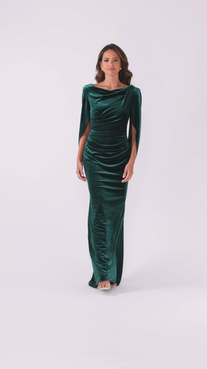 Betsy & Adam "Audrey" Velvet Draped Back Dress - Hunter