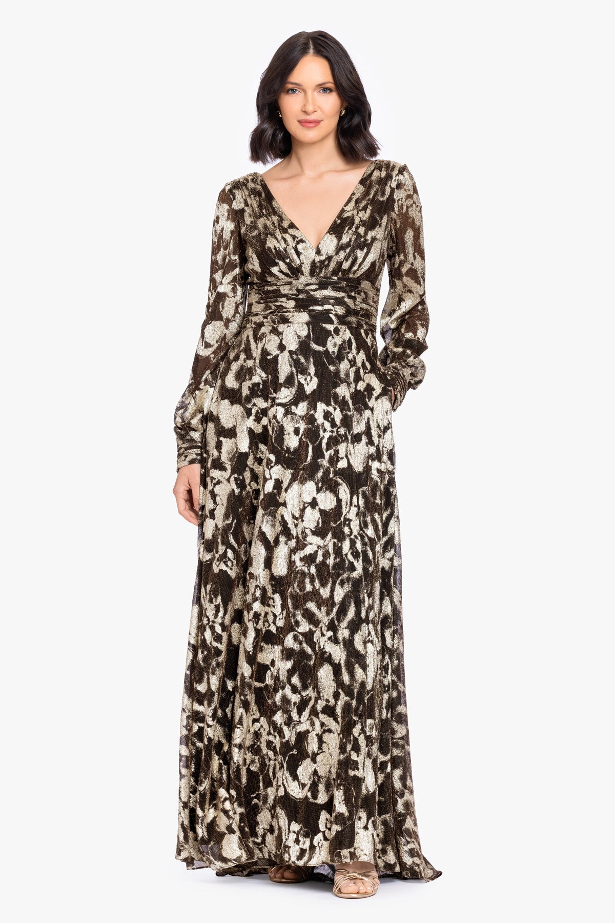 Betsy & Adam "Melanie" Metallic Knit V-Neck Long Sleeve Dress - Brown/Gold