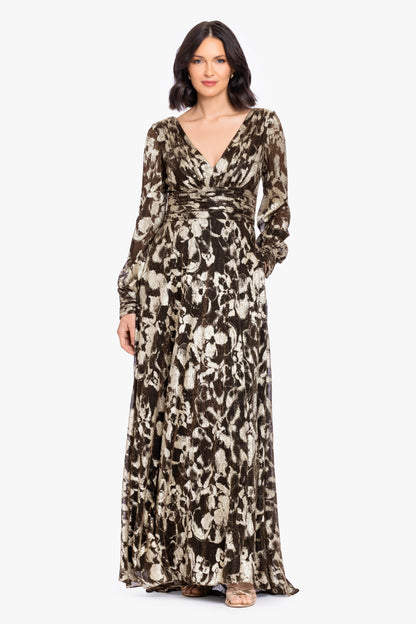 Betsy & Adam "Melanie" Metallic Knit V-Neck Long Sleeve Dress - Brown/Gold