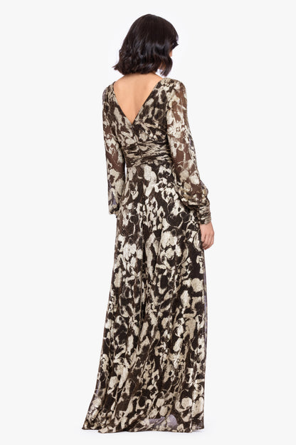 Betsy & Adam "Melanie" Metallic Knit V-Neck Long Sleeve Dress - Brown/Gold