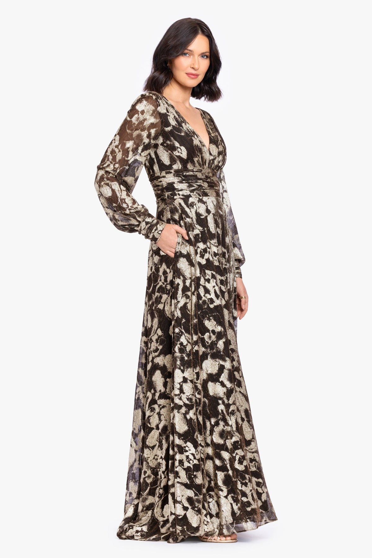 Betsy & Adam "Melanie" Metallic Knit V-Neck Long Sleeve Dress - Brown/Gold