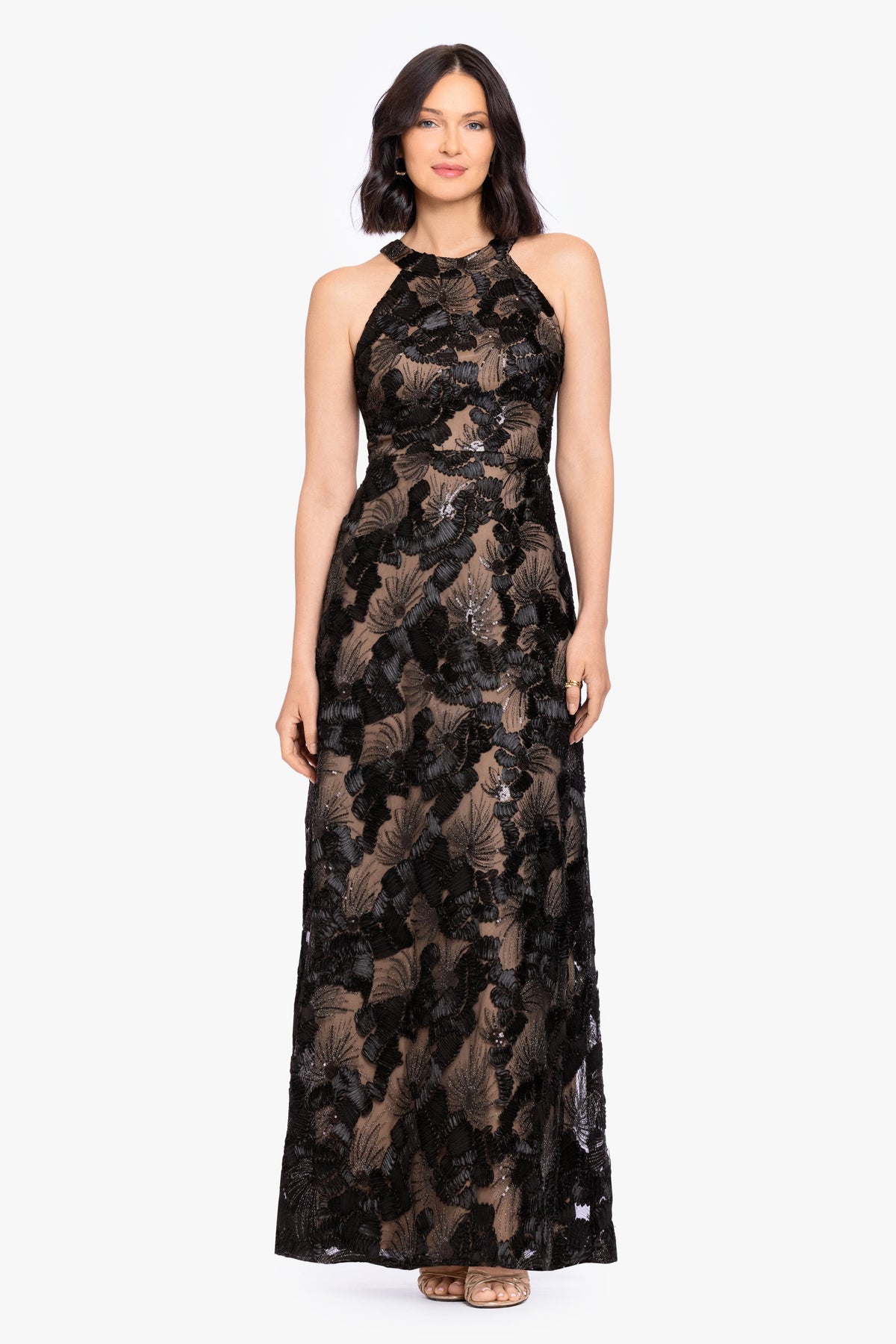 Betsy & Adam “Fabiana” Soutache Sequin Halter Neck Dress - Black/Nude