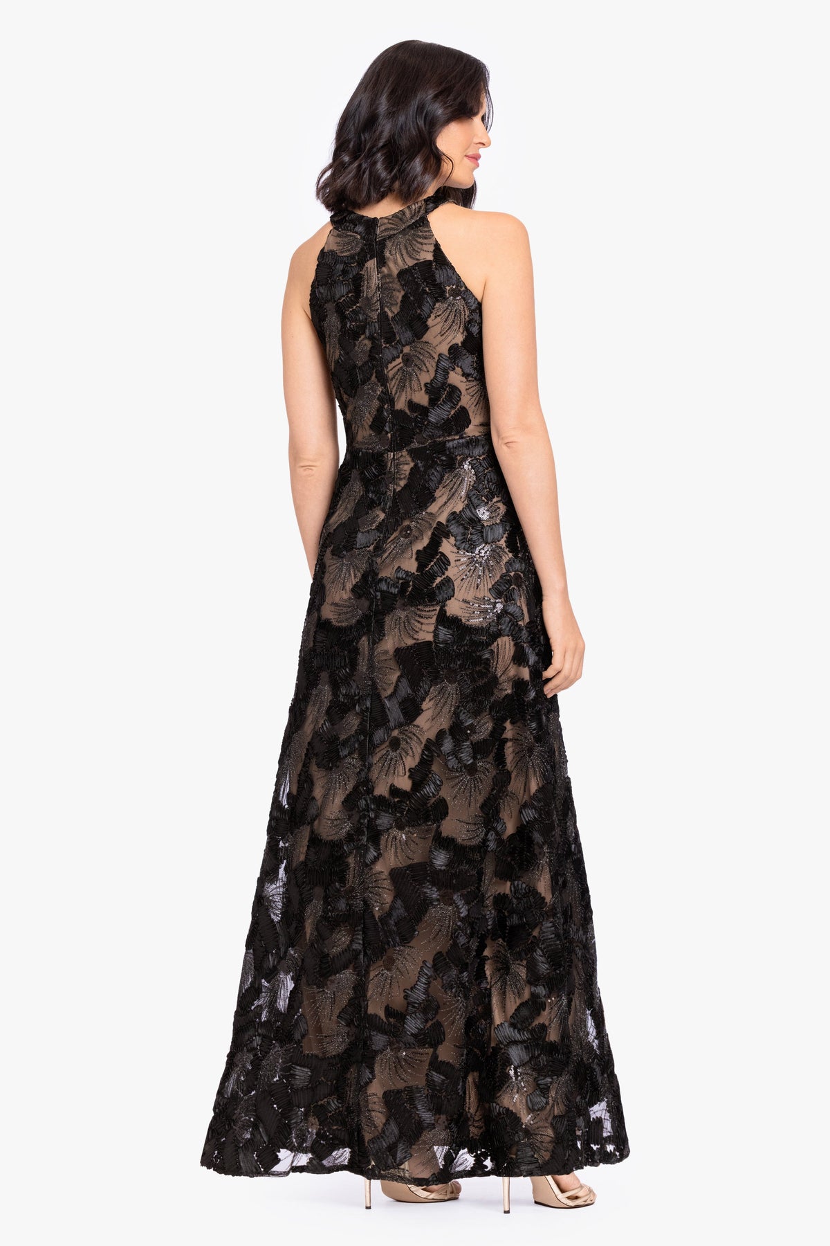 Betsy & Adam “Fabiana” Soutache Sequin Halter Neck Dress - Black/Nude