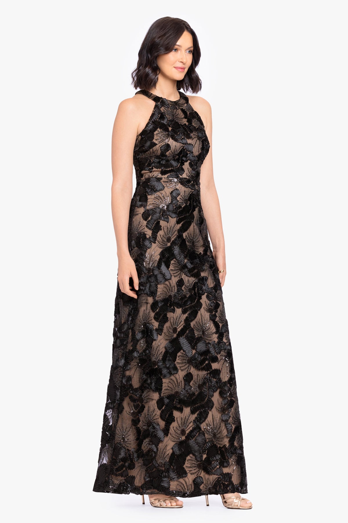 Betsy & Adam “Fabiana” Soutache Sequin Halter Neck Dress - Black/Nude