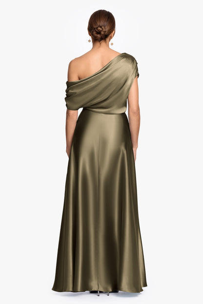 Betsy & Adam "Soley" Satin Off The Shoulder Ruched Gown - Olive