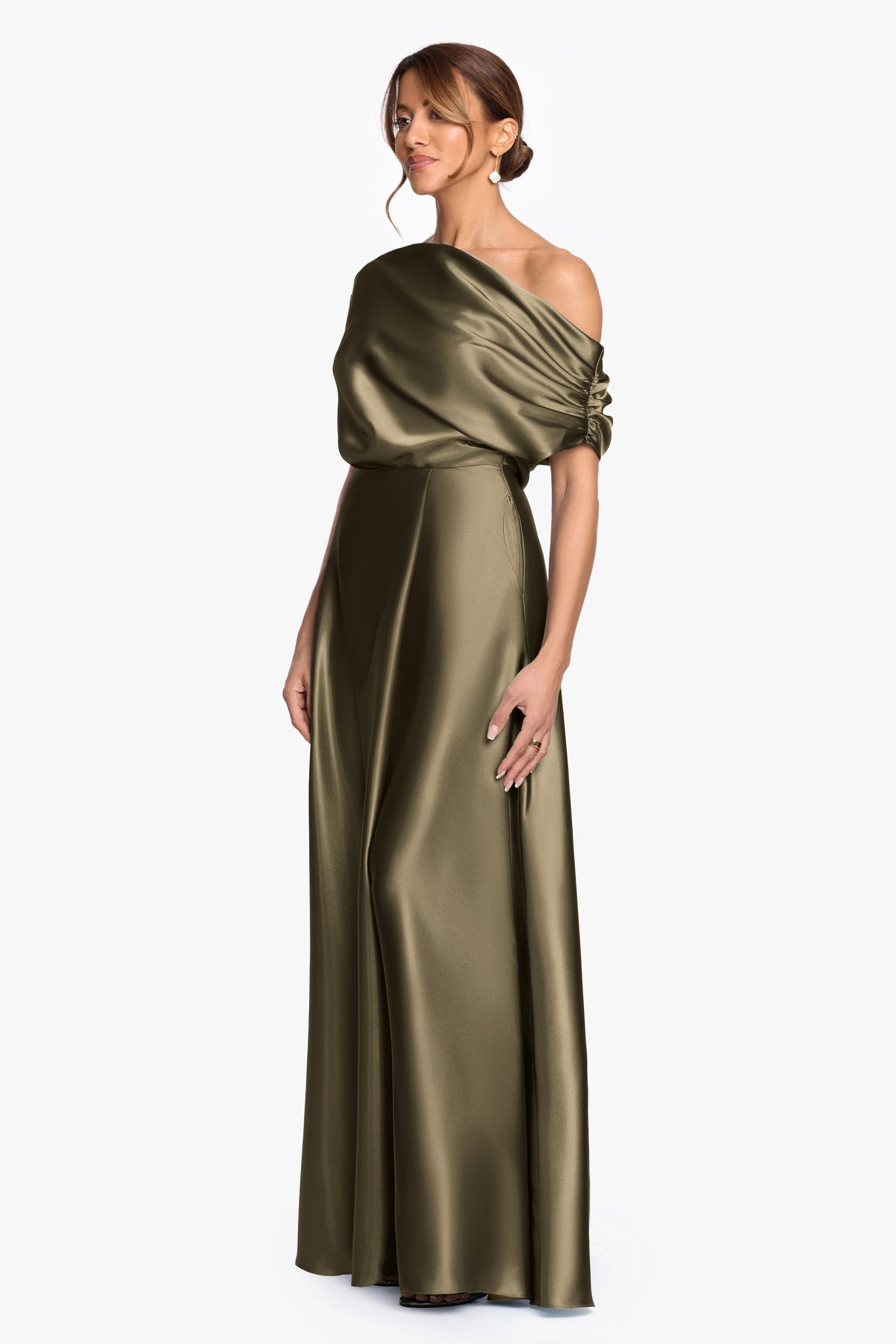 Betsy & Adam "Soley" Satin Off The Shoulder Ruched Gown - Olive