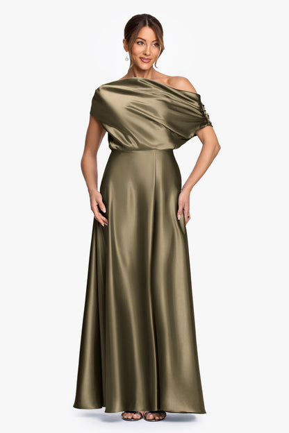 Betsy & Adam "Soley" Satin Off The Shoulder Ruched Gown - Olive