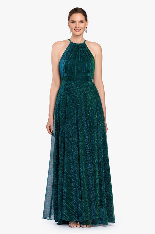 Betsy & Adam "Ophelia" Metallic Knit Pleated Dress - Jade