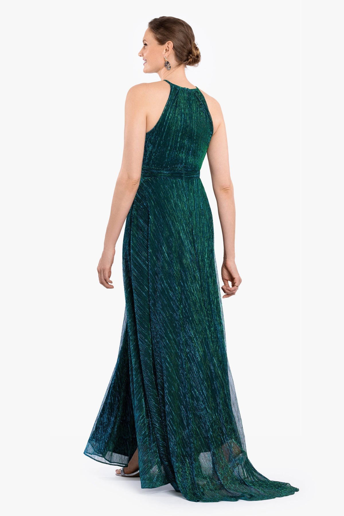 Betsy & Adam "Ophelia" Metallic Knit Pleated Dress - Jade