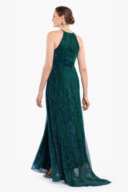 Betsy & Adam "Ophelia" Metallic Knit Pleated Dress - Jade