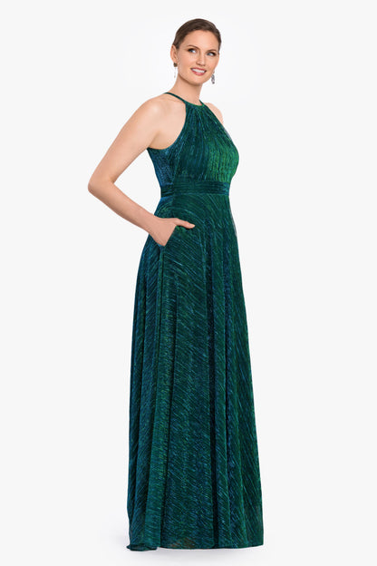 Betsy & Adam "Ophelia" Metallic Knit Pleated Dress - Jade