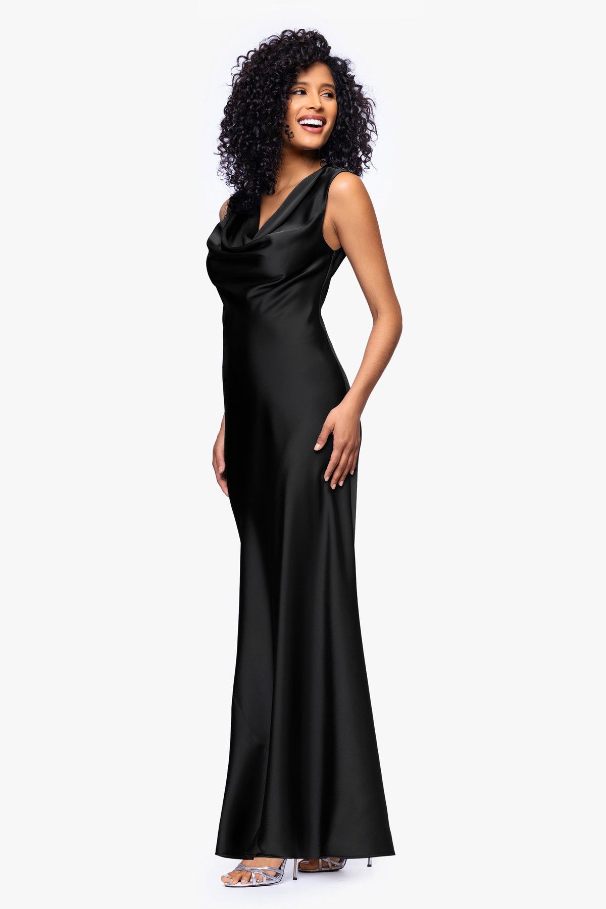 Betsy & Adam Petite "Amberly" Satin Drape Neck Dress - Black