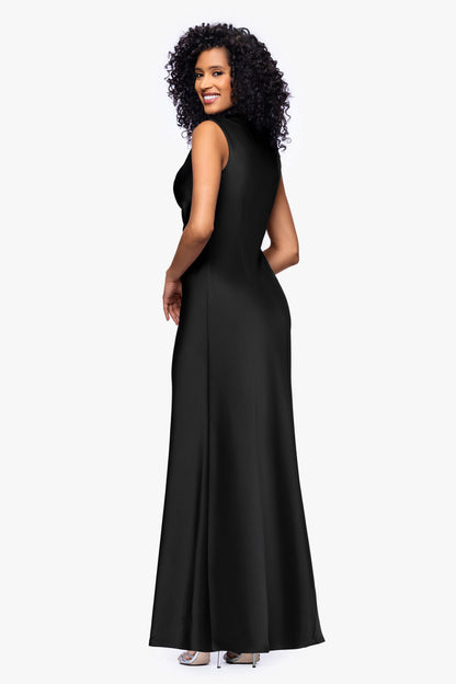 Betsy & Adam Petite "Amberly" Satin Drape Neck Dress - Black