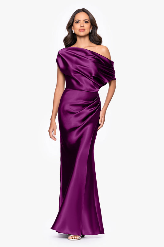 Betsy & Adam "Sofia" Satin Drop Shoulder Dress - Plum