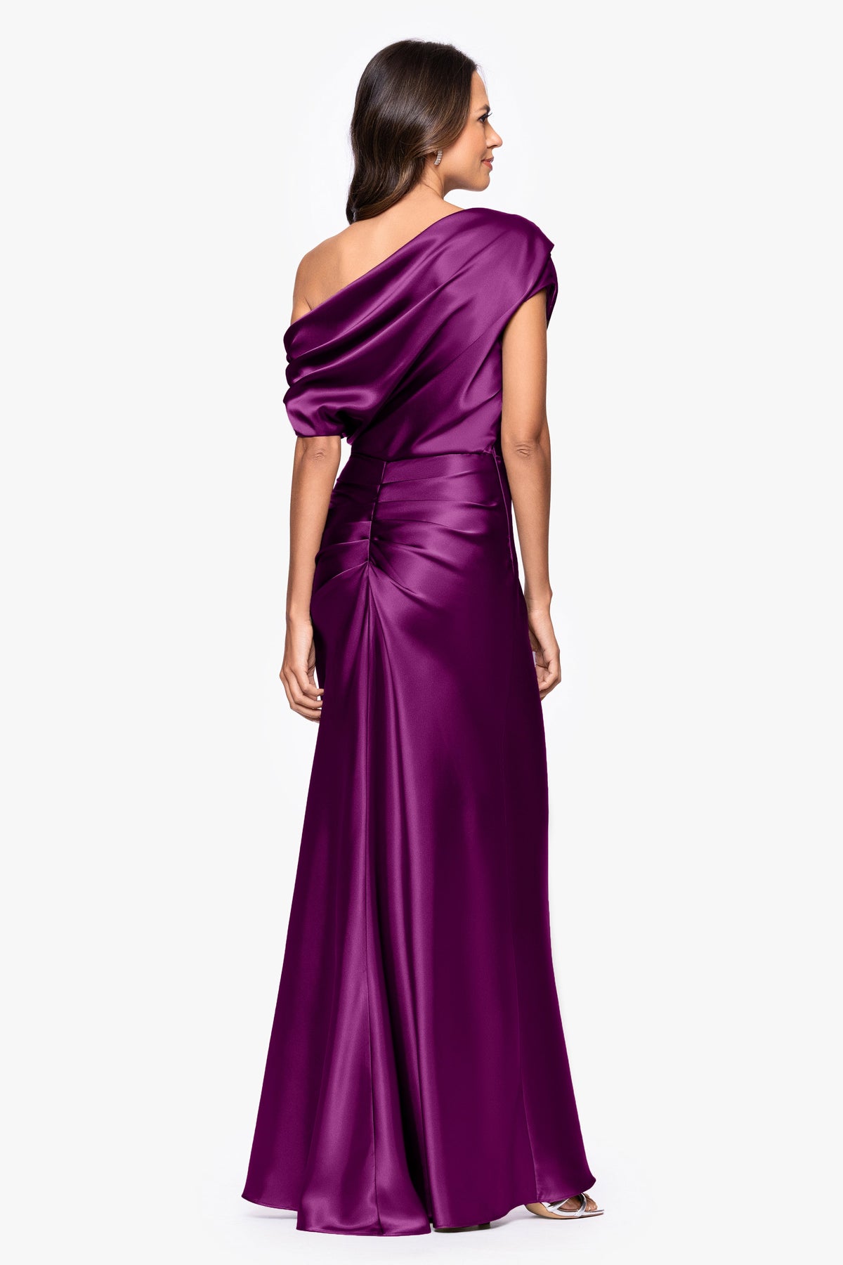 Betsy & Adam "Sofia" Satin Drop Shoulder Dress - Plum