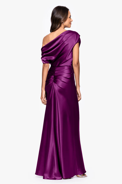 Betsy & Adam "Sofia" Satin Drop Shoulder Dress - Plum