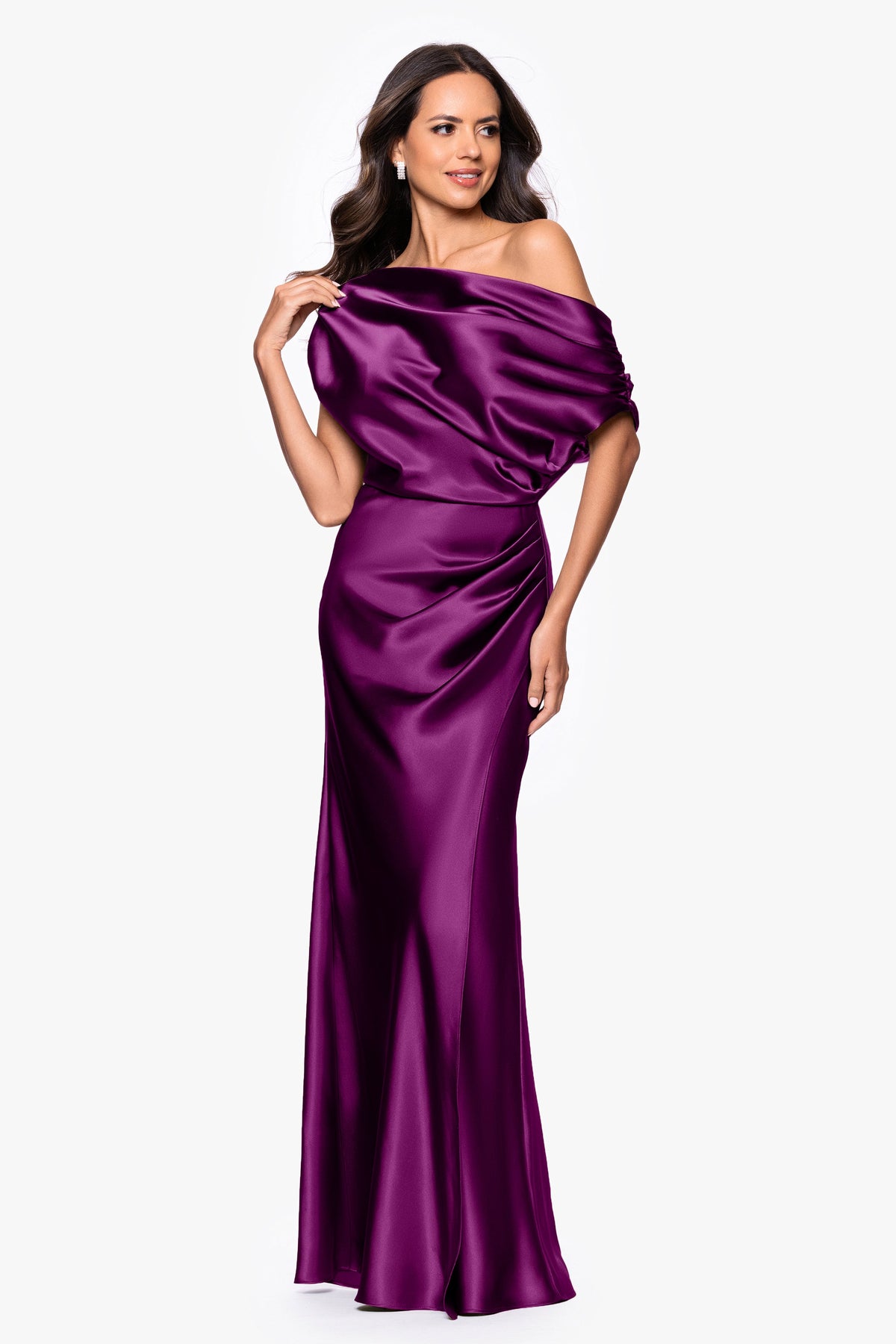 Betsy & Adam "Sofia" Satin Drop Shoulder Dress - Plum