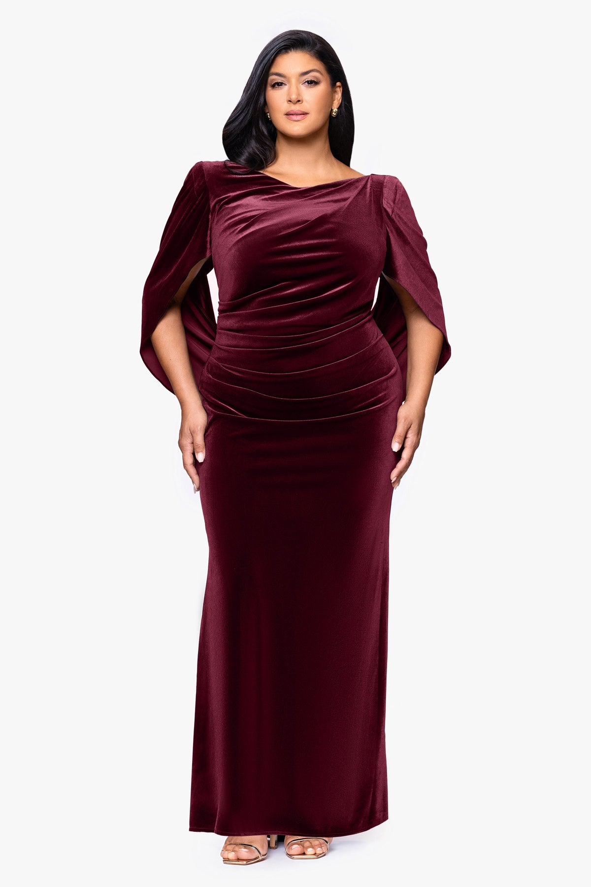 Betsy & Adam Plus "Audrey" Velvet Draped Back Dress - Burgundy