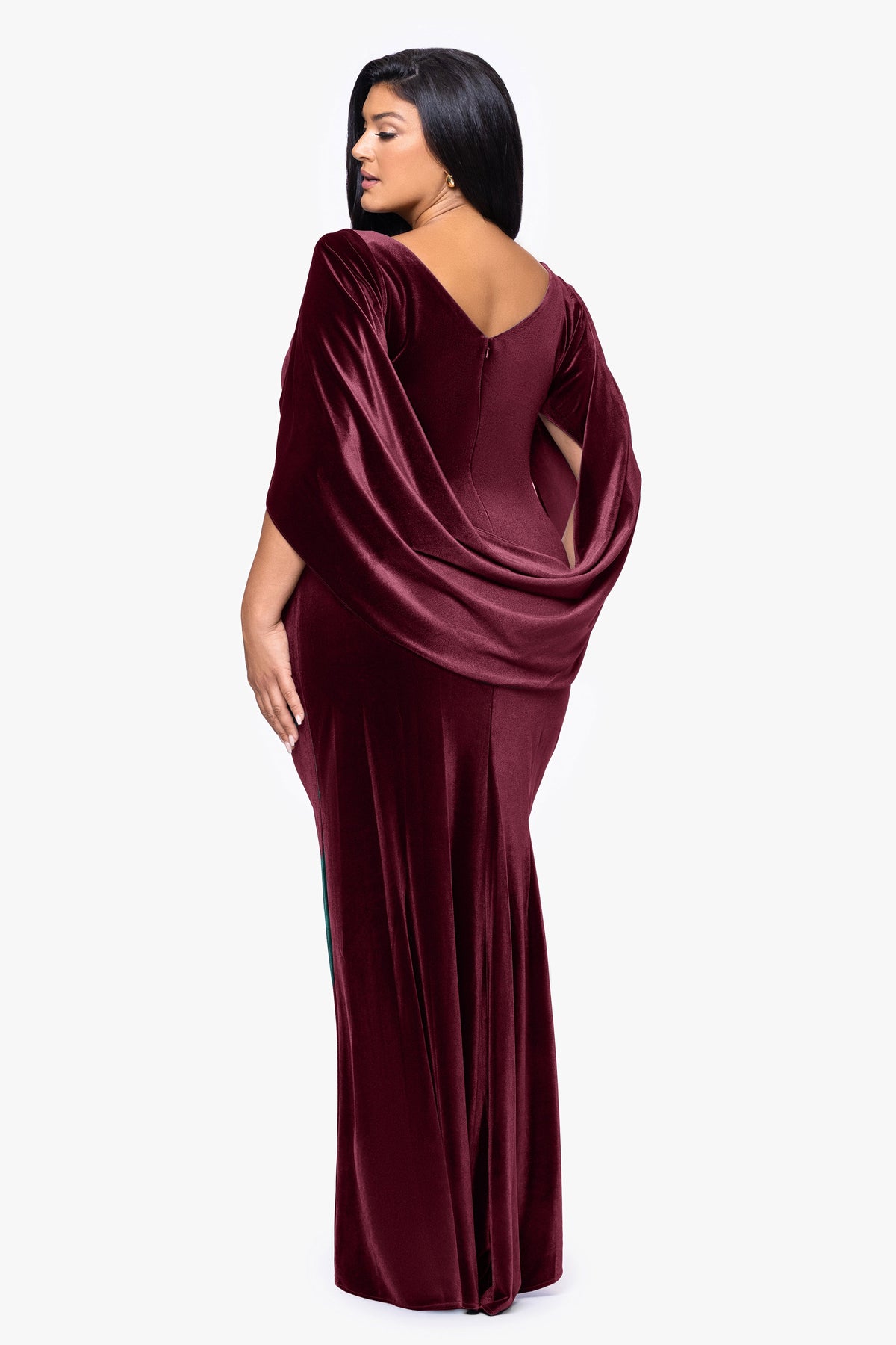 Betsy & Adam Plus "Audrey" Velvet Draped Back Dress - Burgundy
