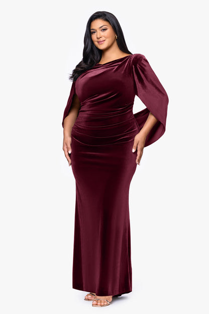 Betsy & Adam Plus "Audrey" Velvet Draped Back Dress - Burgundy