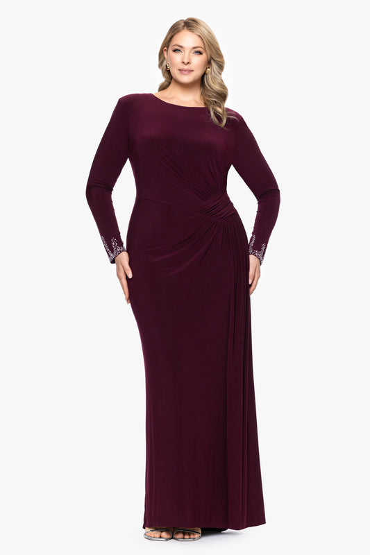 Betsy & Adam Plus "Kenley" Jersey Knit Long Sleeve Beaded Cuff Dress - Wine