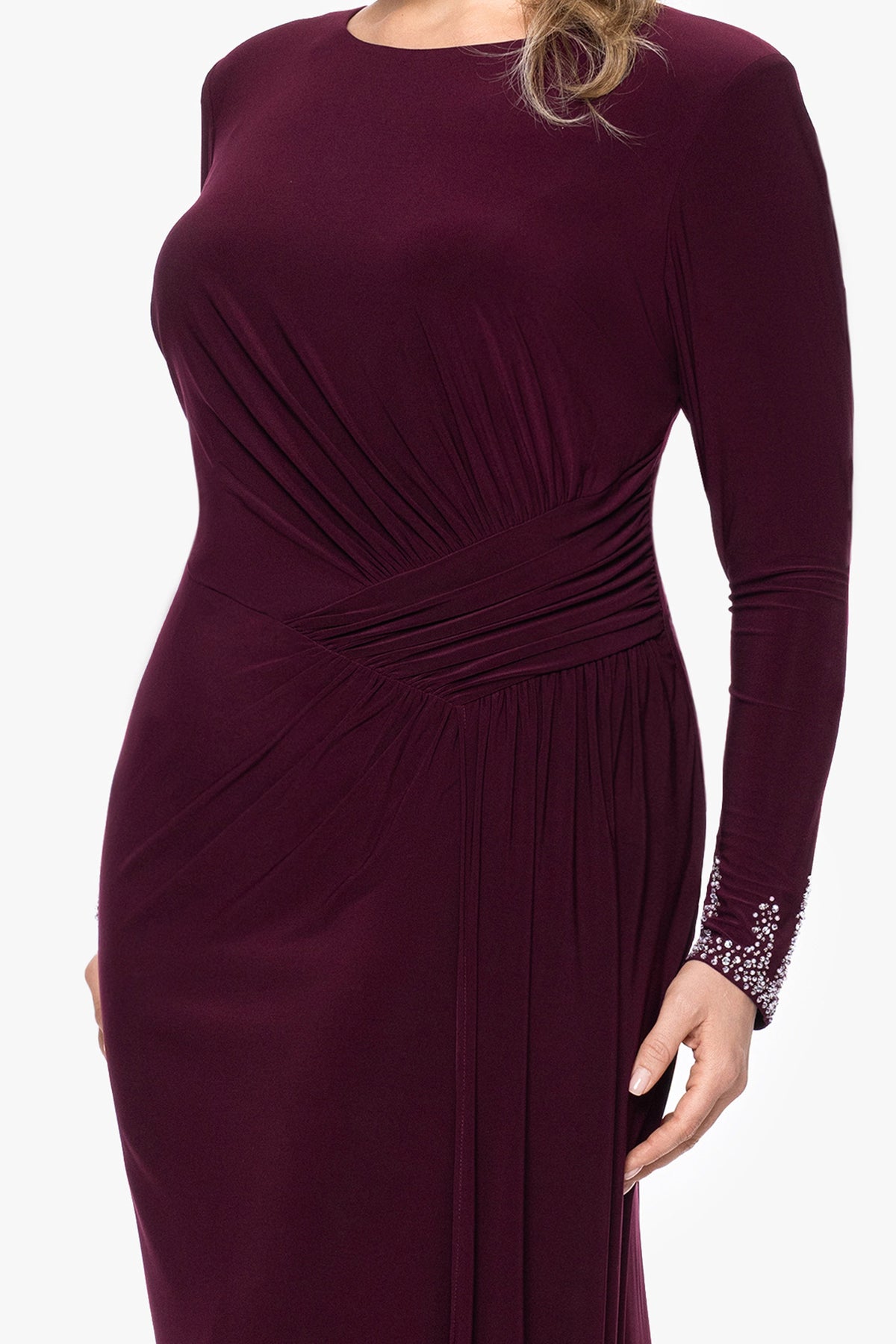Betsy & Adam Plus "Kenley" Jersey Knit Long Sleeve Beaded Cuff Dress - Wine