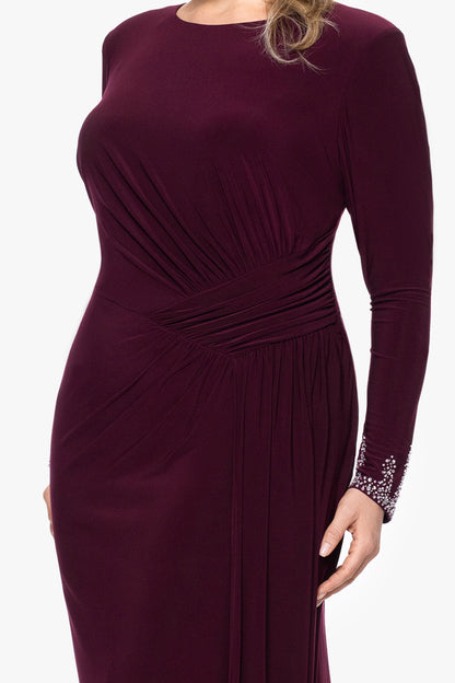 Betsy & Adam Plus "Kenley" Jersey Knit Long Sleeve Beaded Cuff Dress - Wine