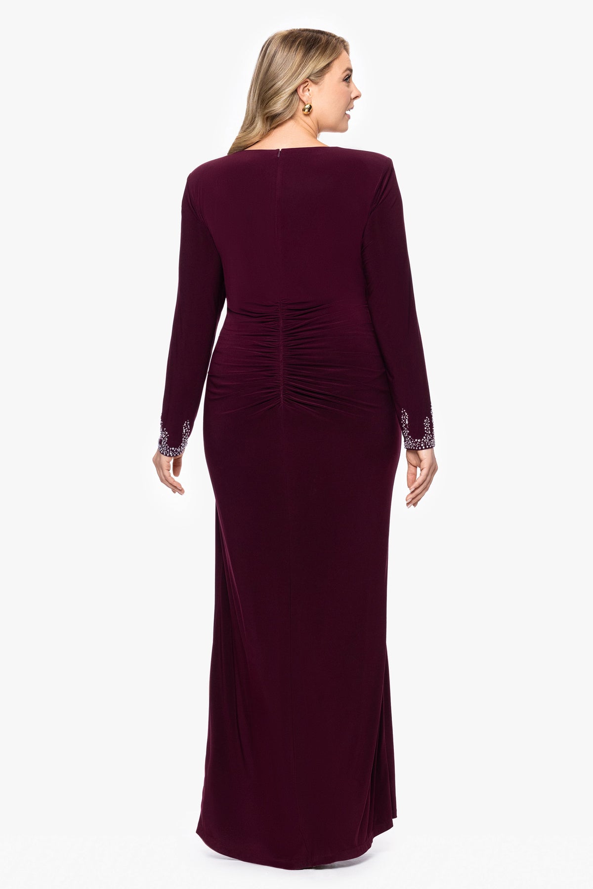 Betsy & Adam Plus "Kenley" Jersey Knit Long Sleeve Beaded Cuff Dress - Wine