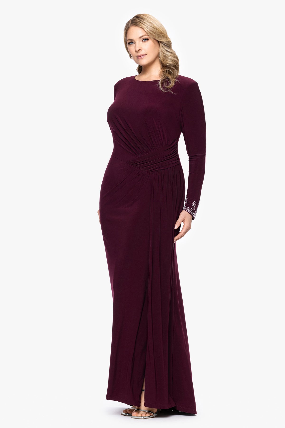Betsy & Adam Plus "Kenley" Jersey Knit Long Sleeve Beaded Cuff Dress - Wine