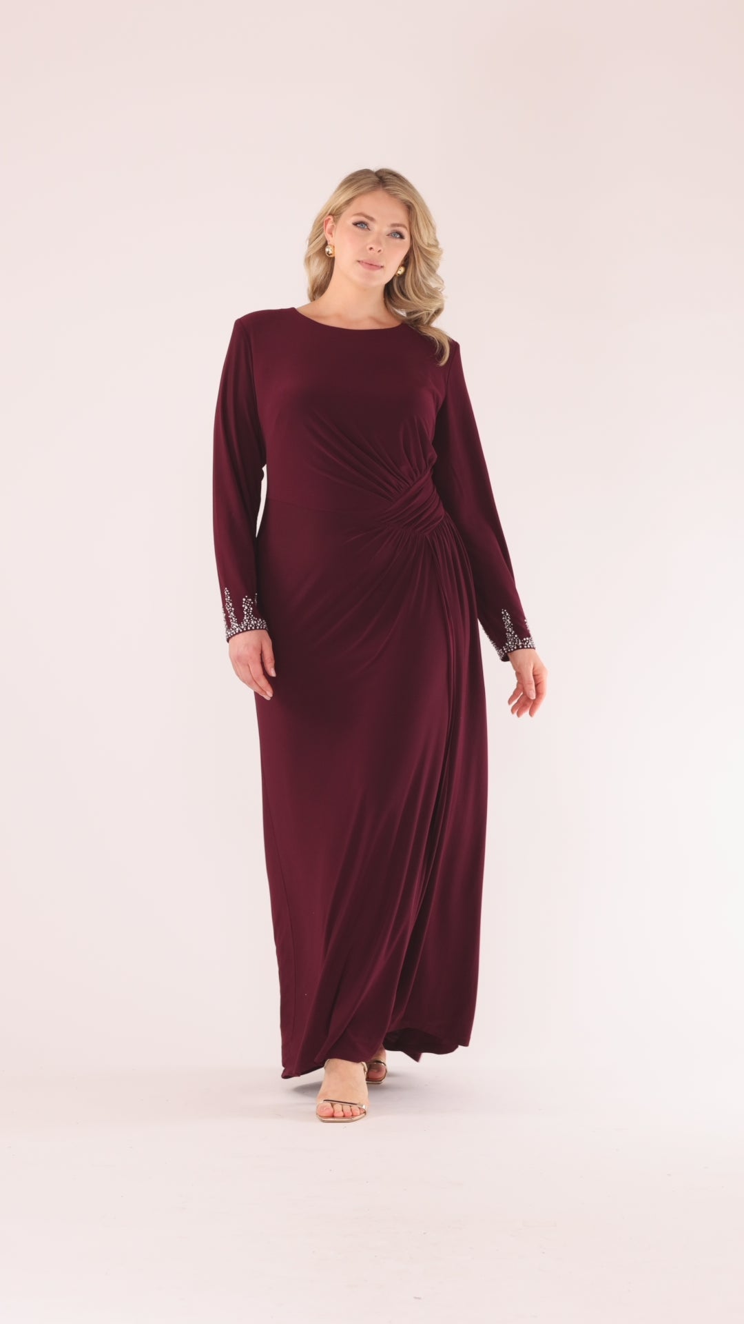 Betsy & Adam Plus "Kenley" Jersey Knit Long Sleeve Beaded Cuff Dress - Wine