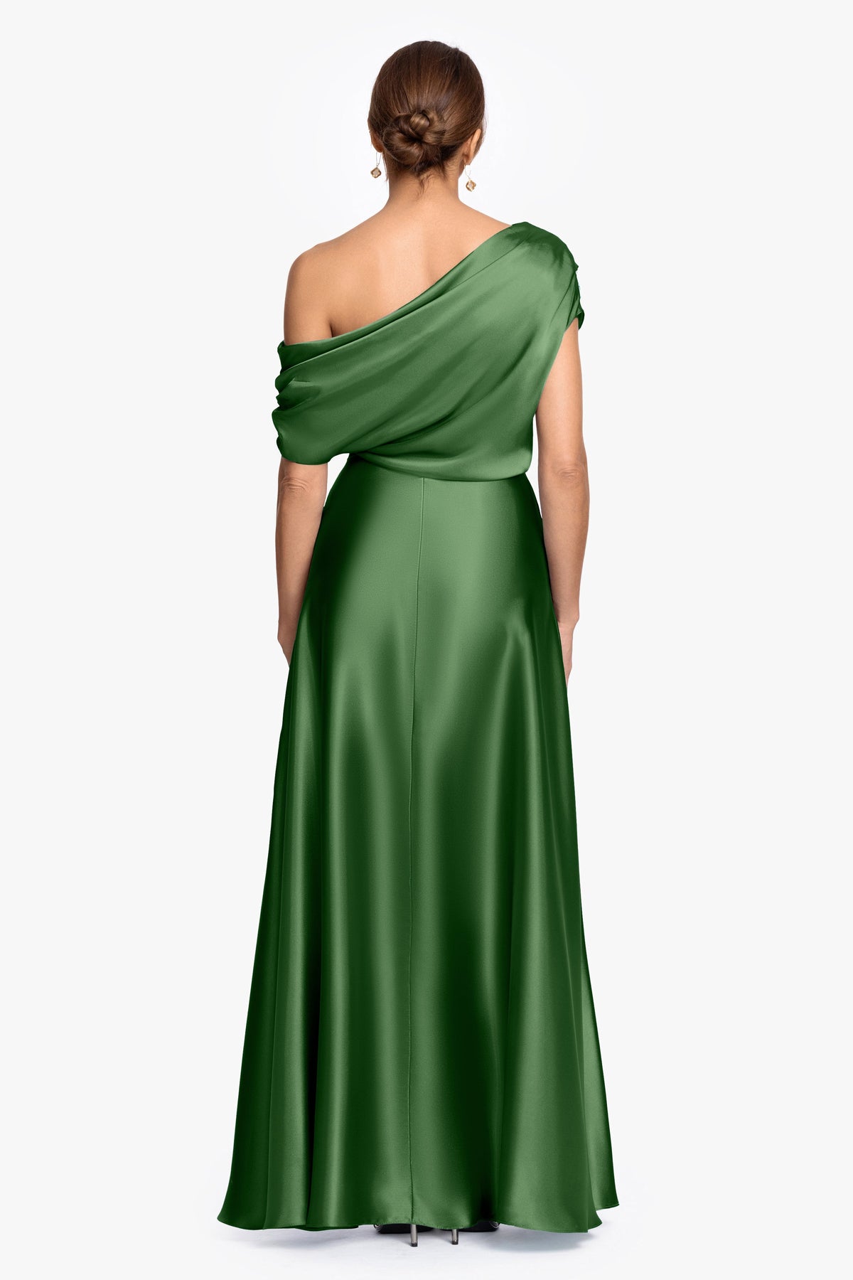 Betsy & Adam "Soley" Satin Off The Shoulder Ruched Gown - Moss