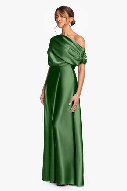 Betsy & Adam "Soley" Satin Off The Shoulder Ruched Gown - Moss