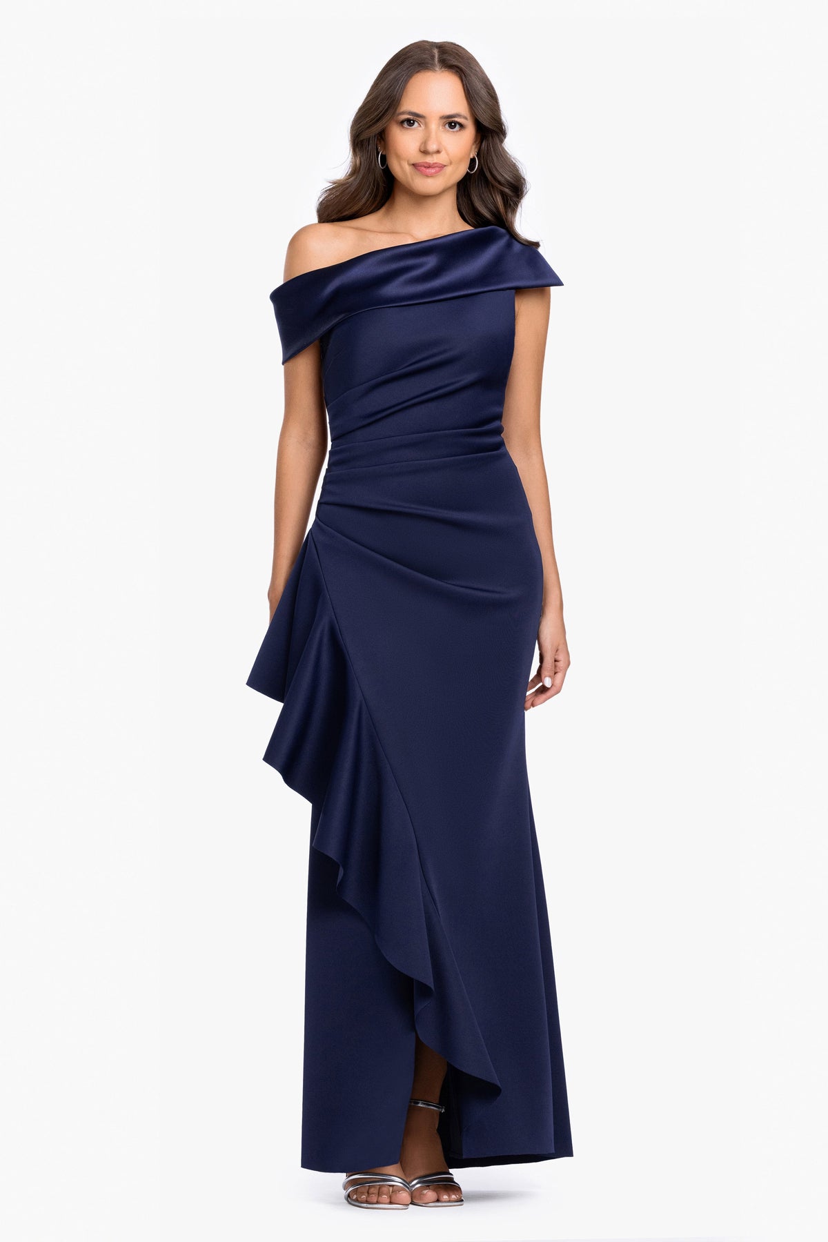 Betsy & Adam Petite "Mariah" Techno Scuba Off The Shoulder Dress - Midnight