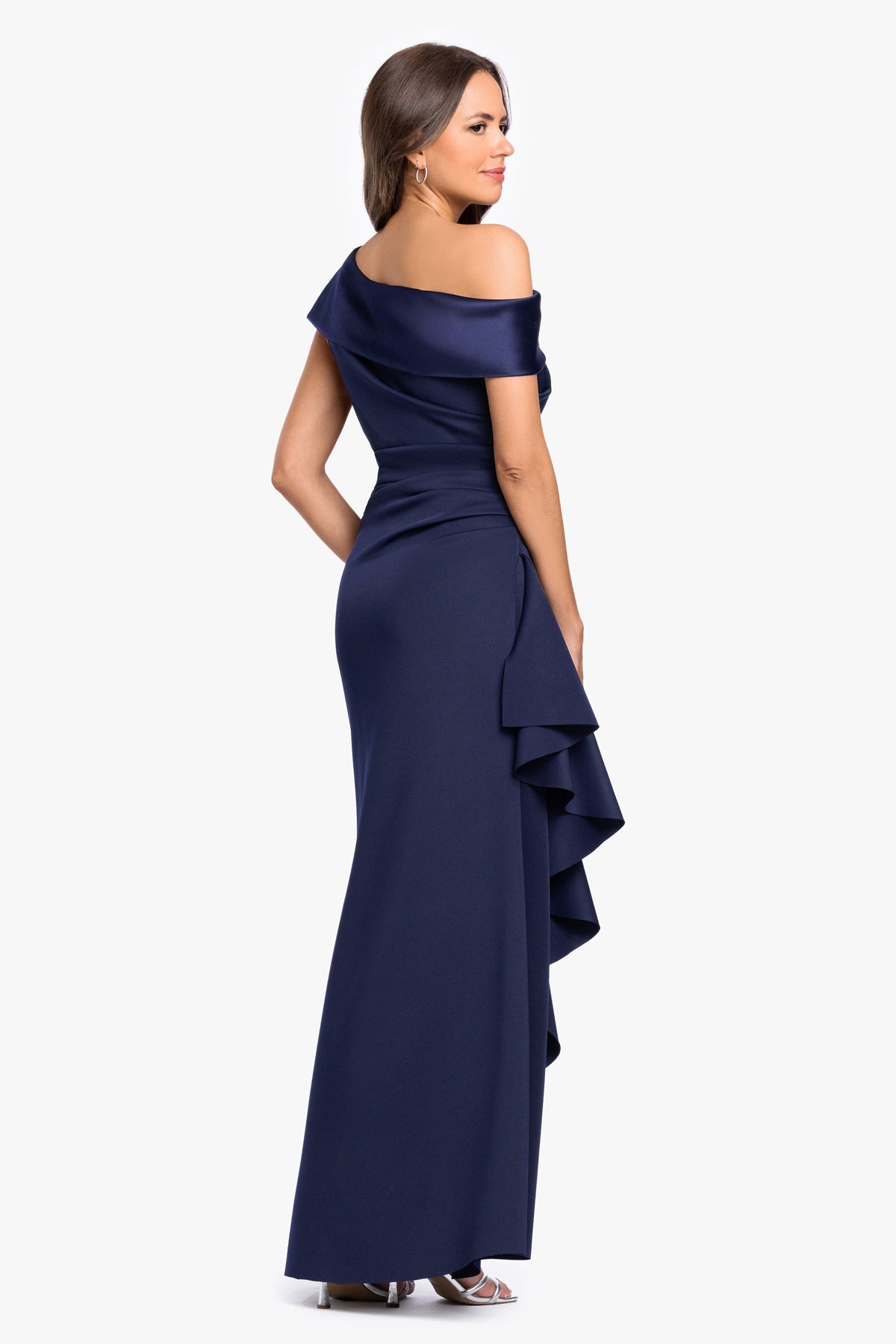 Betsy & Adam Petite "Mariah" Techno Scuba Off The Shoulder Dress - Midnight