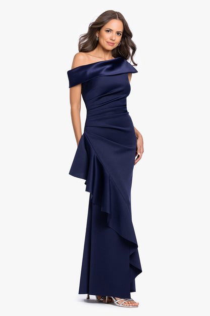 Betsy & Adam Petite "Mariah" Techno Scuba Off The Shoulder Dress - Midnight