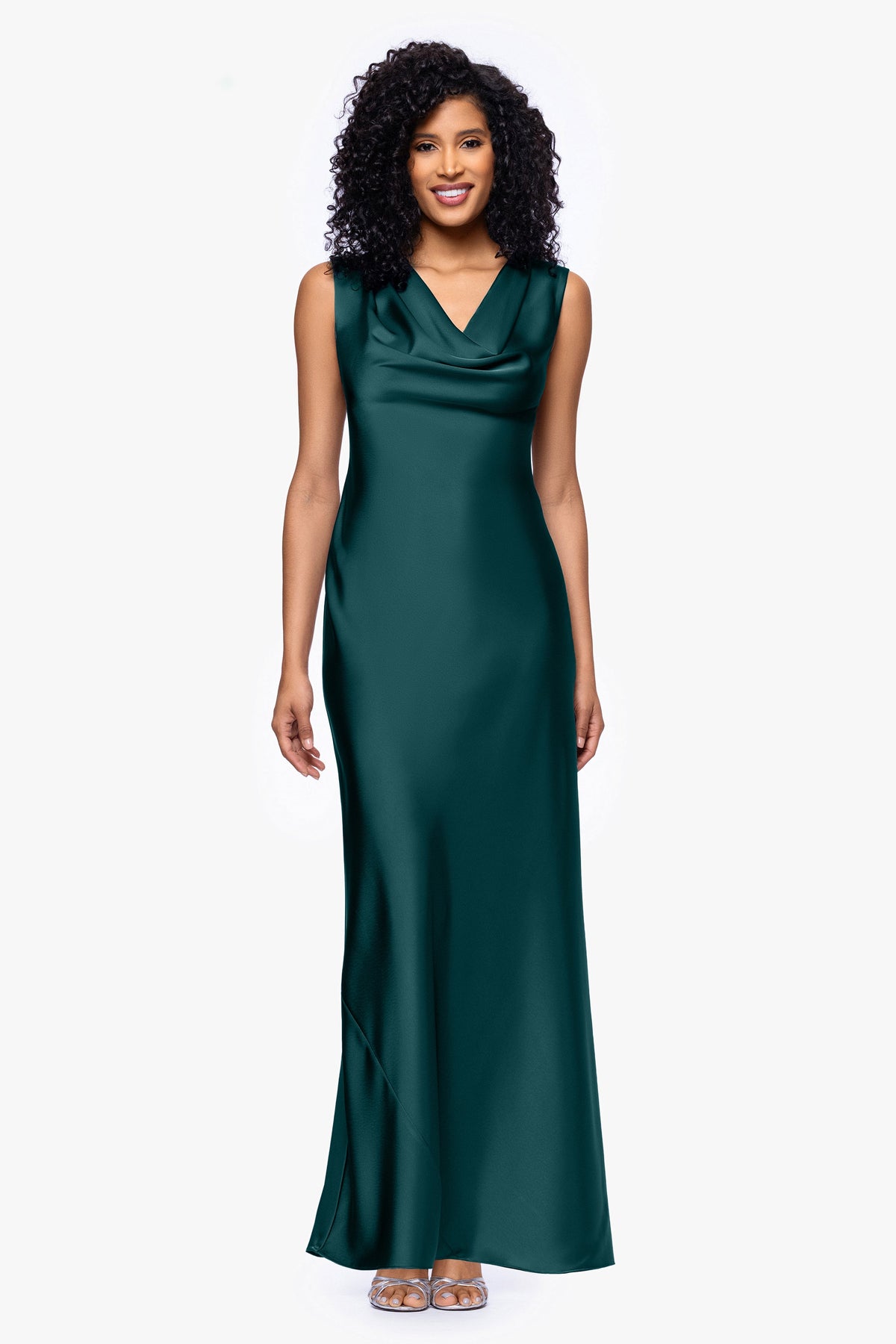 Betsy & Adam Petite "Amberly" Satin Drape Neck Dress - Pine