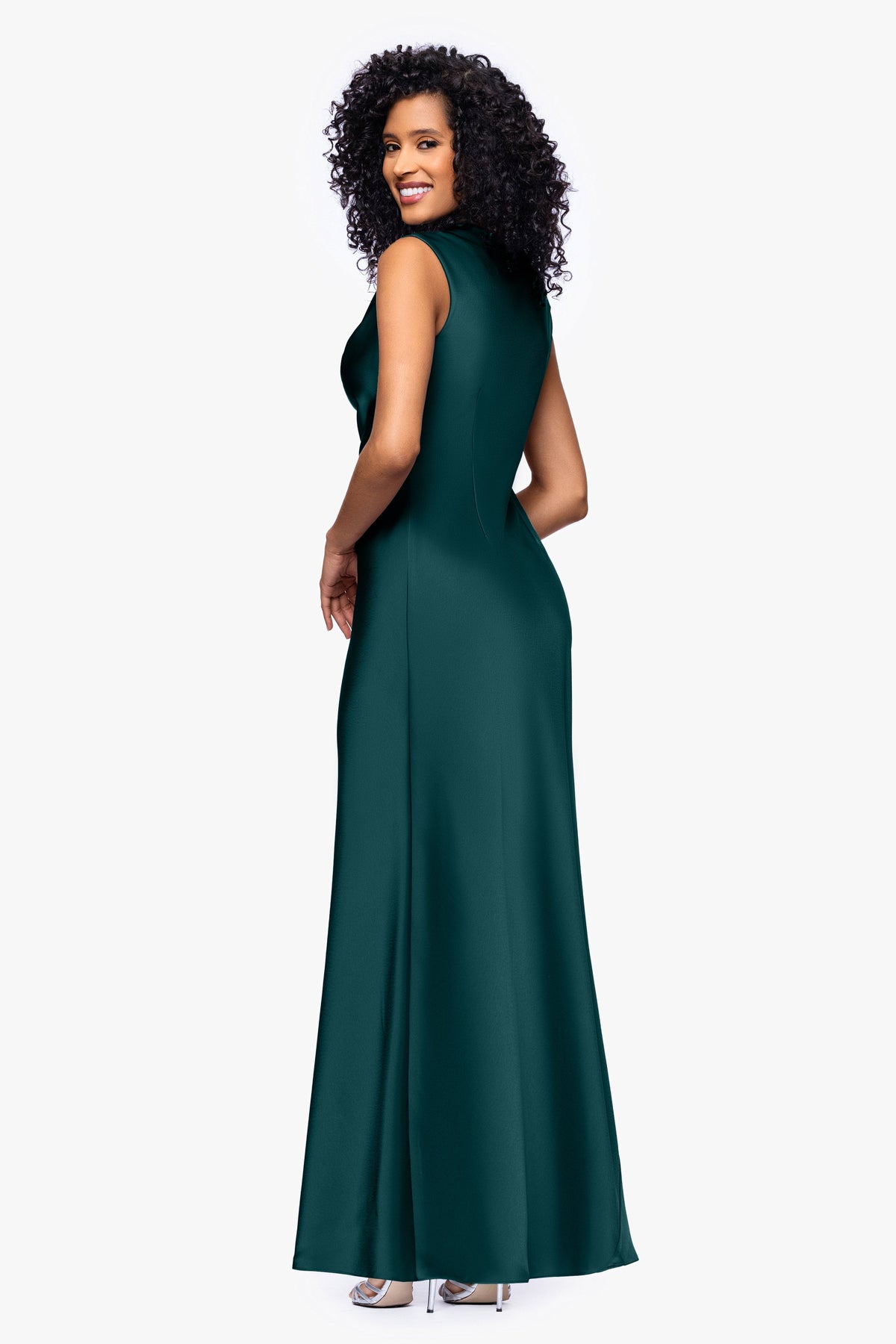 Betsy & Adam Petite "Amberly" Satin Drape Neck Dress - Pine