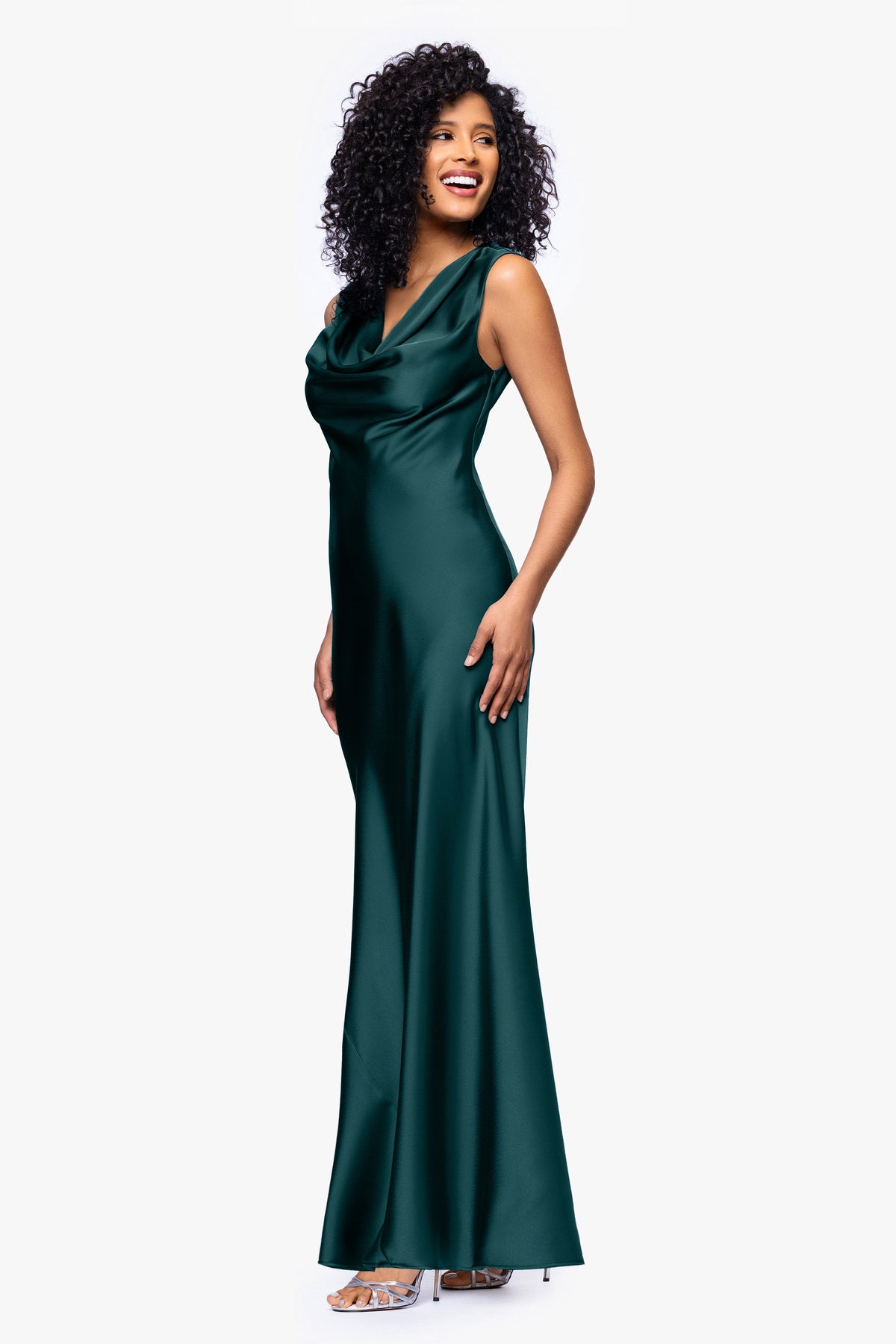 Betsy & Adam Petite "Amberly" Satin Drape Neck Dress - Pine