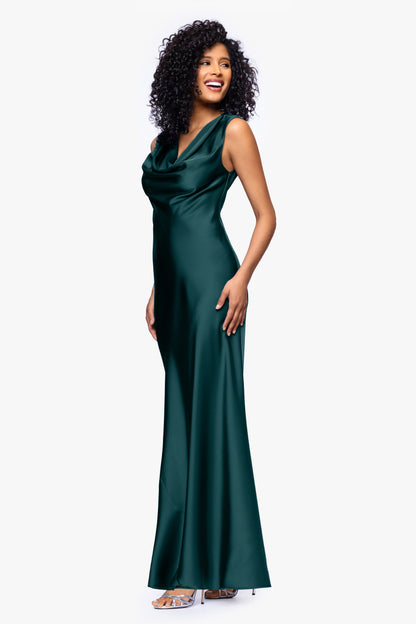 Betsy & Adam Petite "Amberly" Satin Drape Neck Dress - Pine