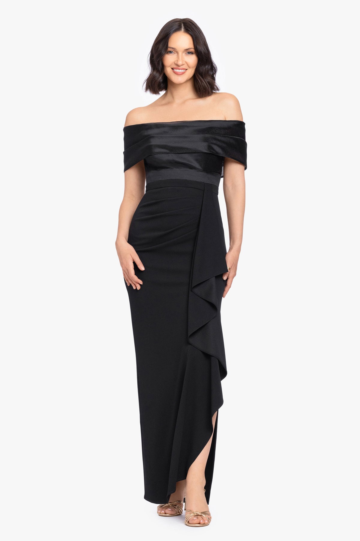 Betsy & Adam "Hannah" Scuba Crepe & Organza Top Strapless Dress - Black