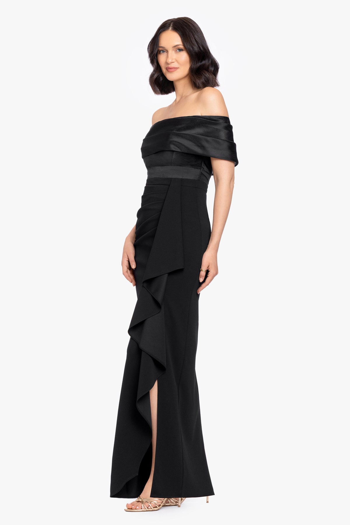 Betsy & Adam "Hannah" Scuba Crepe & Organza Top Strapless Dress - Black
