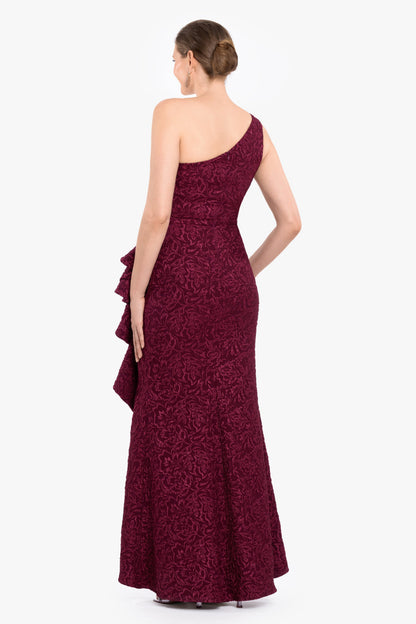 Betsy & Adam "Rosalia" Brocade One Shoulder Side Ruffle Dress - Bordeaux